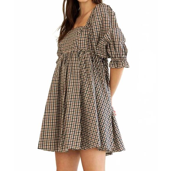 NEW STORIA florence mini dress in navy brown gingham - Picture 2 of 7